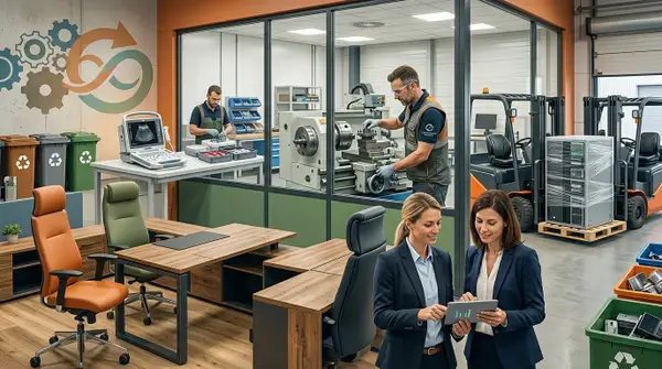 Image d'en-tête de l'article : "Le boom du B2B de seconde main : comment le reconditionné pro révolutionne le commerce B2B en France" Cette photographie de haute qualité, au format 16:9, offre une vue en plongée et en coupe d'un vaste espace commercial et industriel moderne, illustrant l'intégration réussie de l'économie circulaire dans le monde professionnel. L'image, de style "presse média", est un composite sans texte, structuré en trois zones narratives distinctes. Dans la partie inférieure gauche, un espace bureau moderne et lumineux présente des mobiliers reconditionnés : deux bureaux en bois clair sur des structures en métal noir, accompagnés de chaises de bureau ergonomiques élégantes, une en cuir orange et l'autre en tissu vert sapin. Un grand mur de béton adjacent à cet espace est orné d'un graphisme mural stylisé représentant des engrenages de différentes tailles qui s'entremêlent avec une flèche en boucle formant le symbole de l'infini, peints dans des tons d'orange et de bleu, évoquant la collaboration et la transition écologique. La partie supérieure droite montre un vaste atelier industriel à travers de grandes vitres. À l'intérieur, deux techniciens en tenue de travail (lunettes de sécurité, tabliers) s'affairent sur un tour d'usinage complexe et un équipement médical d'imagerie (un échographe sur un stand). Des chariots de manutention, des étagères de stockage de pièces et des bacs de tri sélectif verts avec le logo de recyclage blanc sont visibles. Un chariot élévateur à fourche déplace un gros équipement informatique (un rack de serveurs) vers une zone d'expédition. Au centre de l'image, dans un couloir en parquet bois séparant le bureau de l'atelier, deux femmes en tenue professionnelle (business casual) discutent avec enthousiasme. L'une, aux cheveux blonds, tient une tablette tactile allumée où l'on aperçoit un tableau de bord graphique avec des flèches montantes, pointant quelque chose sur l'écran pour son interlocutrice. Elles incarnent la prise de décision et la croissance commerciale. L'éclairage est naturel et diffus, mettant en valeur les différentes textures et matériaux, du métal usiné au bois poli, en passant par le verre et le tissu. Le style visuel est poli et dynamique, capturant l'essence d'un écosystème d'entreprise prospère et durable, alliant efficacité opérationnelle et responsabilité environnementale.