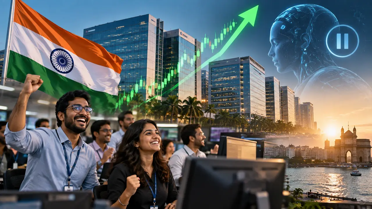 Des professionnels indiens du secteur informatique célèbrent la hausse des valeurs technologiques devant des écrans de marché, avec le drapeau de l’Inde, un quartier d’affaires, une courbe boursière ascendante et une représentation de l’intelligence artificielle en arrière-plan, illustrant le rebond des géants indiens de l’IT après les appels à ralentir le développement de l’IA.