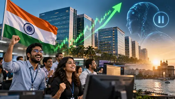Des professionnels indiens du secteur informatique célèbrent la hausse des valeurs technologiques devant des écrans de marché, avec le drapeau de l’Inde, un quartier d’affaires, une courbe boursière ascendante et une représentation de l’intelligence artificielle en arrière-plan, illustrant le rebond des géants indiens de l’IT après les appels à ralentir le développement de l’IA.