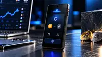 Ledger Atom représenté comme un appareil Android ultra-sécurisé dédié à la protection des cryptomonnaies, des données personnelles et des transactions numériques, avec une interface de sécurité affichant Bitcoin, Ethereum, authentification biométrique et protection matérielle dans un environnement technologique sombre.