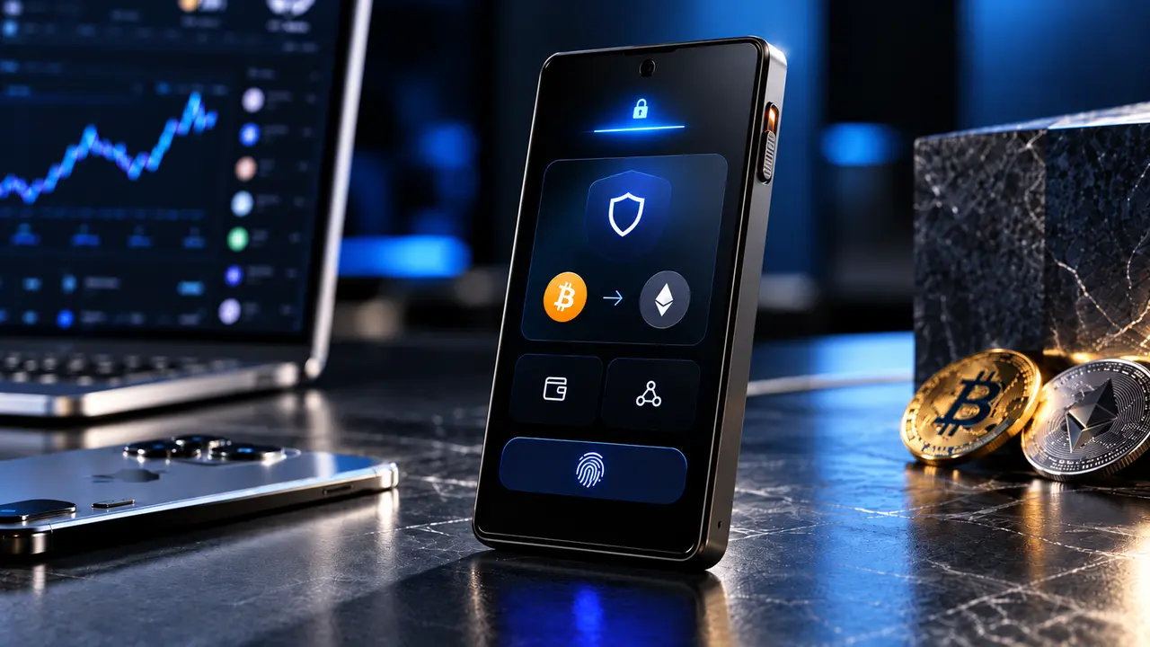 Ledger Atom représenté comme un appareil Android ultra-sécurisé dédié à la protection des cryptomonnaies, des données personnelles et des transactions numériques, avec une interface de sécurité affichant Bitcoin, Ethereum, authentification biométrique et protection matérielle dans un environnement technologique sombre.