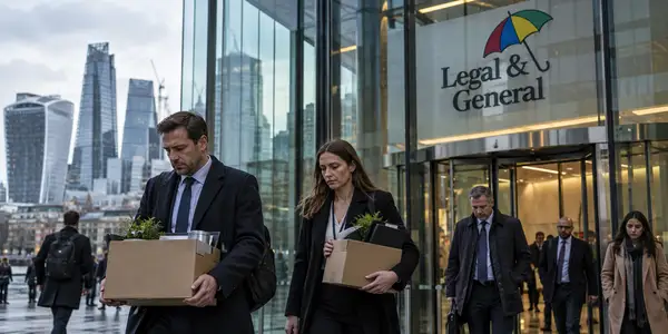 Salariés quittant les bureaux de Legal & General à Londres avec des cartons, illustration de la possible suppression d’environ 1 000 emplois