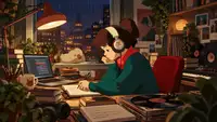 Illustration de Lofi Girl travaillant à son bureau avec un casque, entourée de matériel musical, d’un ordinateur et de vinyles, symbolisant le développement de la chaîne YouTube en entreprise média et musicale.