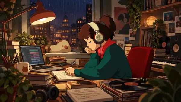 Illustration de Lofi Girl travaillant à son bureau avec un casque, entourée de matériel musical, d’un ordinateur et de vinyles, symbolisant le développement de la chaîne YouTube en entreprise média et musicale.