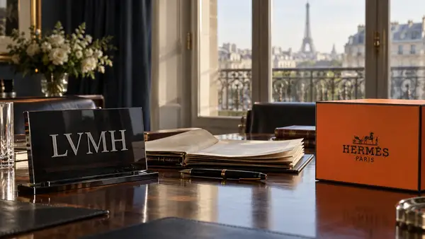 Plaque LVMH et boîte orange Hermès de part et d’autre d’un dossier ouvert sur une table dans un bureau parisien, illustration de l’affaire des actions de Nicolas Puech.