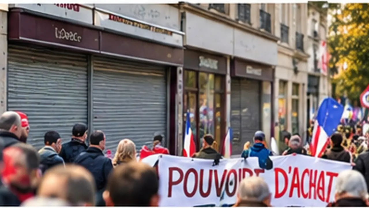 Une manifestation dans une rue commerçante française, avec des participants portant des drapeaux et une banderole consacrée au pouvoir d'achat devant plusieurs boutiques aux rideaux métalliques baissés, pour représenter les conséquences économiques des mobilisations d'octobre 2026 sur les commerces de centre-ville.