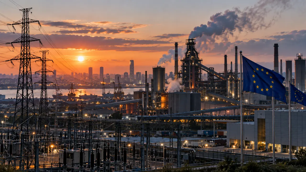 Site industriel européen, lignes électriques et drapeaux de l’Union européenne illustrant le marché carbone européen et son impact sur le prix de l’électricité