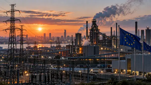 Site industriel européen, lignes électriques et drapeaux de l’Union européenne illustrant le marché carbone européen et son impact sur le prix de l’électricité