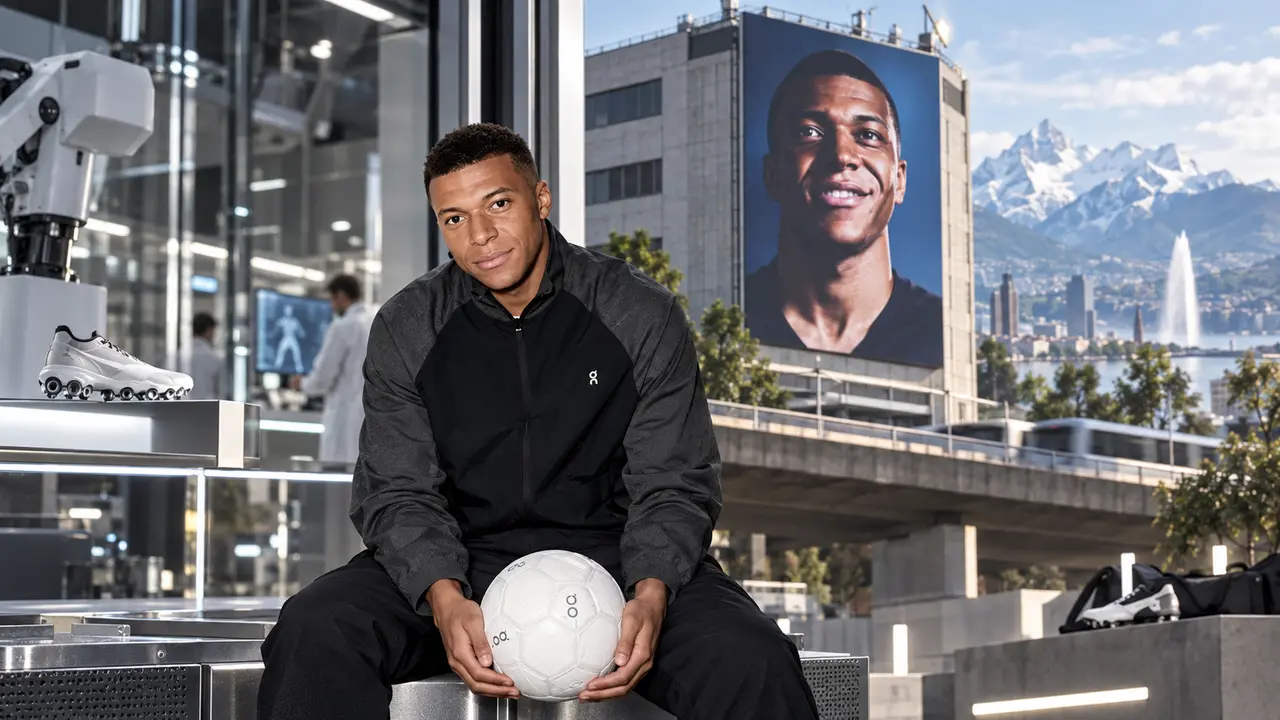 Illustration éditoriale du partenariat entre Kylian Mbappé et On, avec un footballeur tenant un ballon dans un environnement mêlant laboratoire sportif, chaussures de football et campagne publicitaire urbaine, pour illustrer l’entrée de la marque suisse face à Nike sur le marché du football.