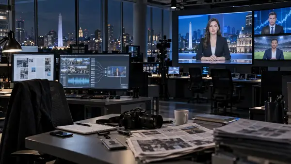 Salle de rédaction presque vide à Buenos Aires où plusieurs présentateurs virtuels générés par intelligence artificielle apparaissent sur des écrans, tandis que des articles, un appareil photo et le bureau abandonné d’un journaliste illustrent le débat sur El Primer Feca et les droits voisins de la presse.