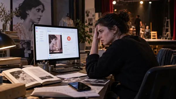 Responsable marketing d’un théâtre devant une campagne publicitaire refusée sur les réseaux sociaux, illustrant le blocage par Meta d’une publicité autour de Virginia Woolf et du féminisme.