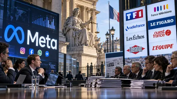 Meta face aux médias français dans un contexte de conflit judiciaire et publicitaire, avec les logos de Meta, TF1, France Télévisions, Radio France, Le Figaro, Les Échos, Ouest-France, Libération et L’Équipe, alors que 101 médias réclament près de 1,4 milliard d’euros au groupe américain pour un préjudice lié à la publicité ciblée et à l’utilisation des données personnelles.