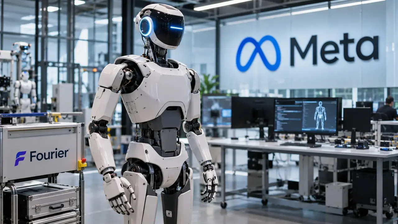 Illustration réaliste d'un robot humanoïde expérimental blanc dans un laboratoire de robotique, avec les identités visuelles de Meta et Fourier en arrière-plan, pour représenter le projet de prototype Max révélé le 31 octobre 2026. Le visuel ne représente pas le véritable prototype.