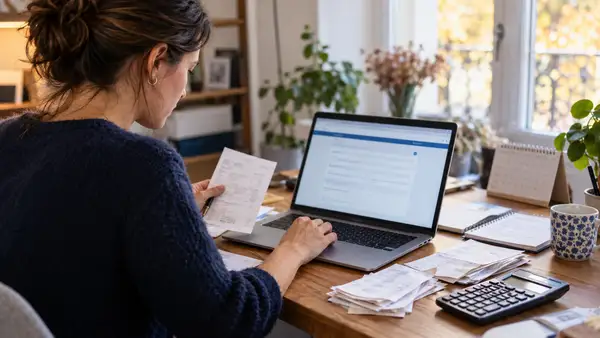 Une entrepreneuse prépare sa déclaration Urssaf de chiffre d’affaires sur un ordinateur portable, avec des factures, une calculatrice et un calendrier sur son bureau.