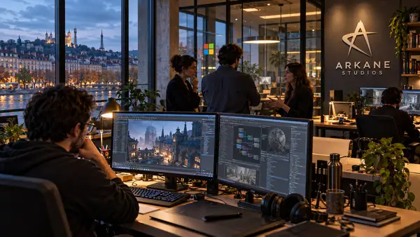 Illustration d’un studio de jeux vidéo fictif à Lyon : un développeur devant deux écrans de création 3D, des collègues discutant près d’une salle vitrée et une signalétique Arkane Studios au mur.