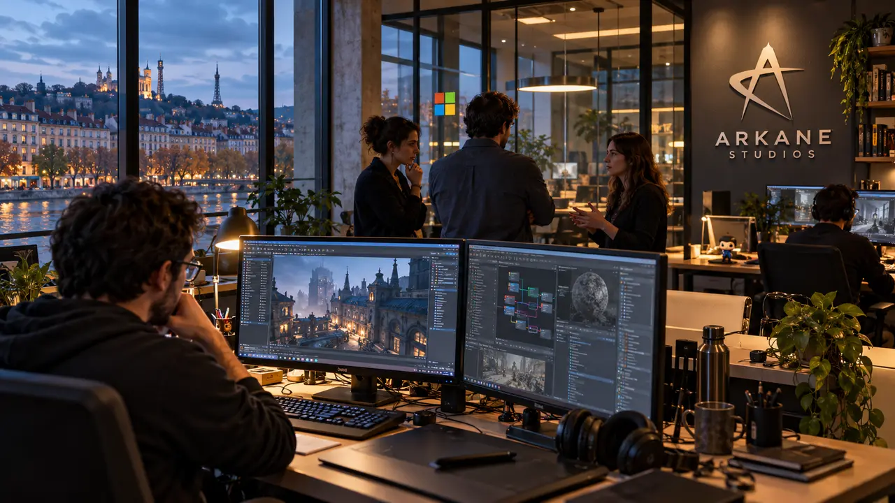 Illustration d’un studio de jeux vidéo fictif à Lyon : un développeur devant deux écrans de création 3D, des collègues discutant près d’une salle vitrée et une signalétique Arkane Studios au mur.