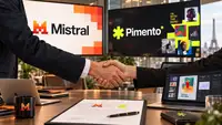 Illustration du rachat de Pimento par Mistral AI, avec les logos des deux entreprises lors d’un accord symbolisant l’expansion de Mistral vers la publicité par intelligence artificielle et les logiciels métier.