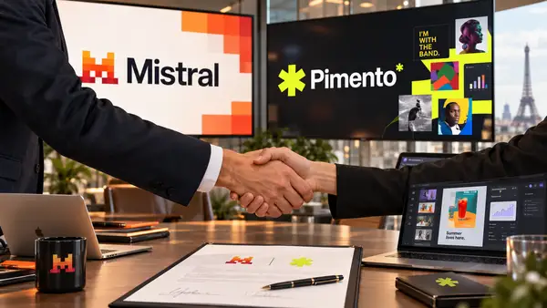 Illustration du rachat de Pimento par Mistral AI, avec les logos des deux entreprises lors d’un accord symbolisant l’expansion de Mistral vers la publicité par intelligence artificielle et les logiciels métier.