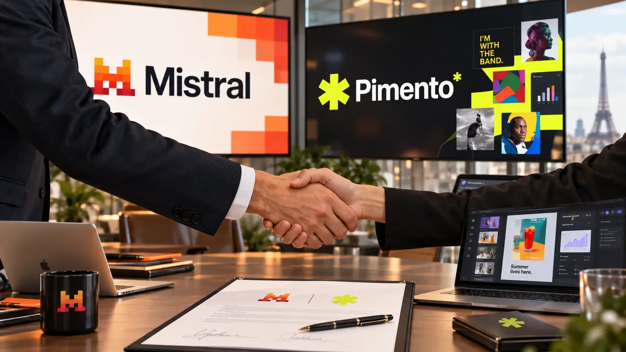 Illustration du rachat de Pimento par Mistral AI, avec les logos des deux entreprises lors d’un accord symbolisant l’expansion de Mistral vers la publicité par intelligence artificielle et les logiciels métier.