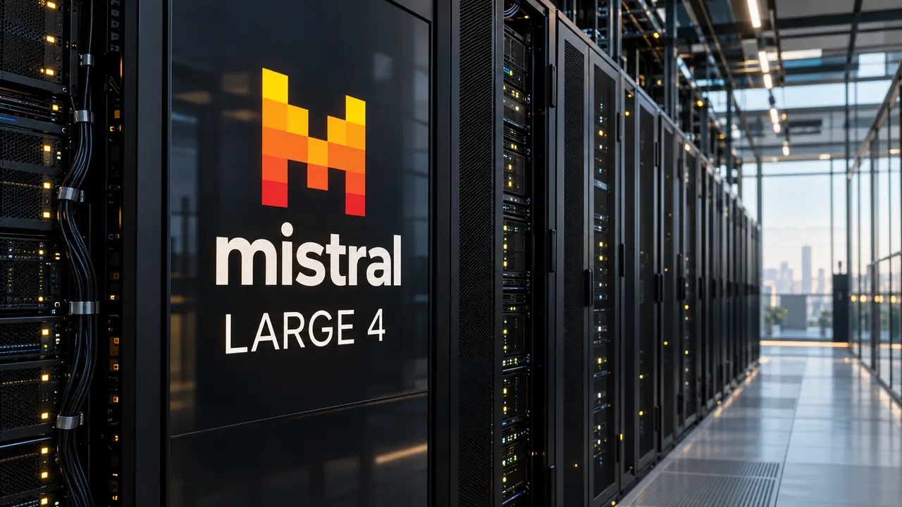 Illustration de Mistral Large 4 : logo pixelisé orange de Mistral AI et nom du modèle affichés sur un panneau sombre, au premier plan d’une allée de serveurs dans un centre de données moderne, évoquant les infrastructures nécessaires à l’intelligence artificielle en entreprise.