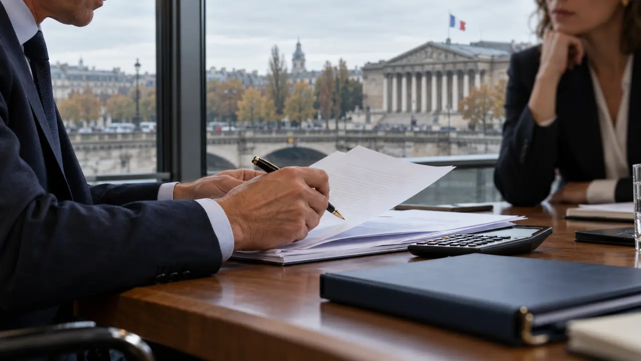 Deux professionnels examinent des documents financiers sur une table avec une calculatrice et un dossier bleu, devant une fenêtre donnant sur le palais Bourbon et un drapeau français à Paris.
