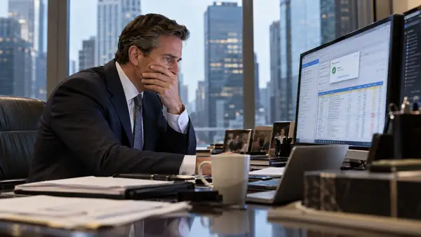 Cadre inquiet dans un bureau face à un écran affichant un tableau financier et un email, illustration d’une fuite accidentelle d’informations confidentielles chez Morgan Stanley.