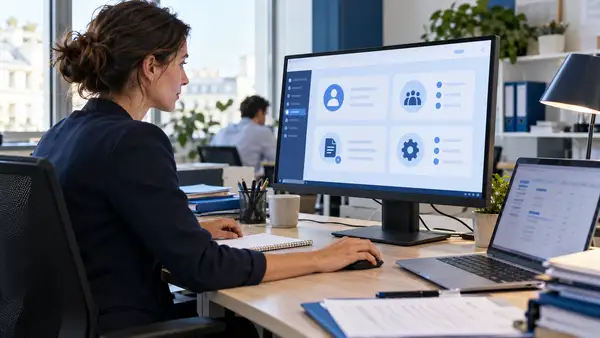 Une gestionnaire de paie travaille dans un bureau devant un grand écran affichant une interface administrative bleue et blanche organisée en quatre espaces. Un ordinateur portable et des dossiers sont posés sur son bureau. Illustration de la nouvelle organisation des accès à la DSN et aux services déclaratifs sur Net-entreprises.