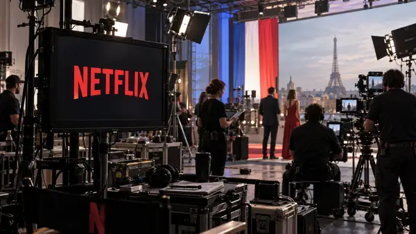 Tournage audiovisuel Netflix à Paris avec équipes de production, caméras et logo Netflix, illustrant les 308 millions d’euros investis dans la création française en 2025
