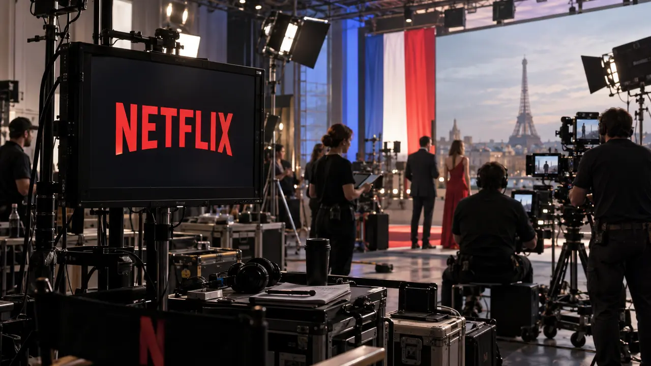 Tournage audiovisuel Netflix à Paris avec équipes de production, caméras et logo Netflix, illustrant les 308 millions d’euros investis dans la création française en 2025
