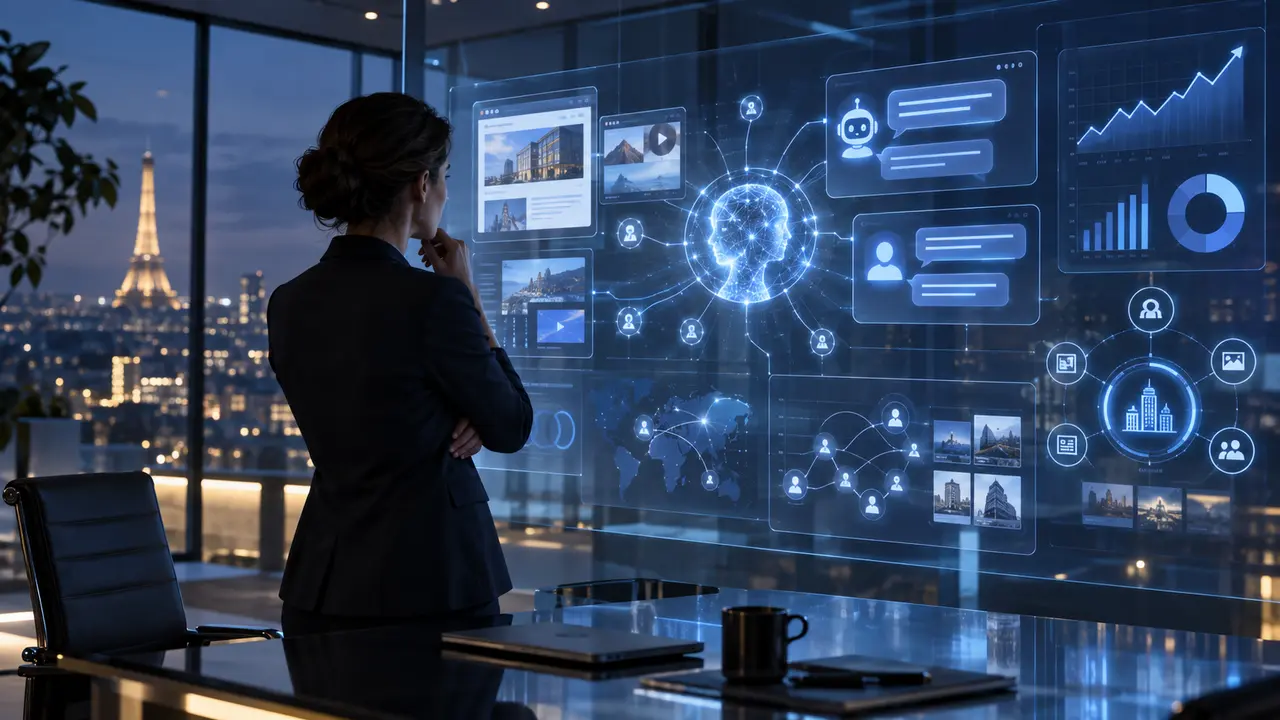 Professionnelle analysant la visibilité numérique d’une entreprise dans les moteurs d’intelligence artificielle, illustrant le GEO et le référencement dans ChatGPT, Gemini, Claude et Perplexity.