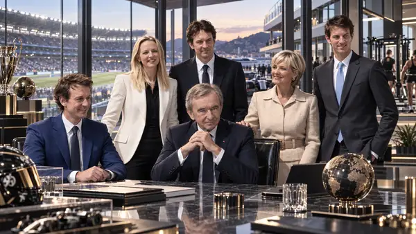 Illustration éditoriale représentant Bernard Arnault et plusieurs membres de la famille Arnault dans un environnement mêlant football, Formule 1, fitness et univers d’affaires, symbolisant leur présence croissante dans l’économie mondiale du sport.