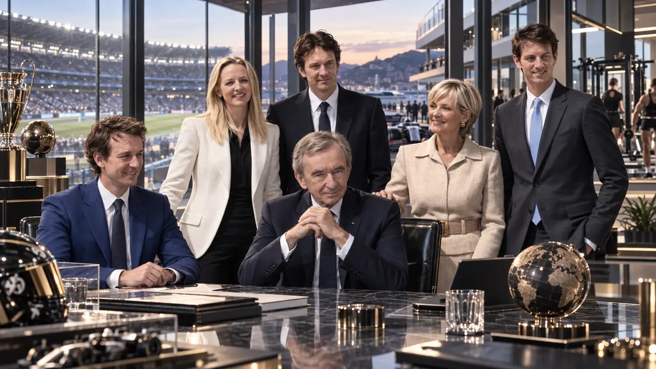 Illustration éditoriale représentant Bernard Arnault et plusieurs membres de la famille Arnault dans un environnement mêlant football, Formule 1, fitness et univers d’affaires, symbolisant leur présence croissante dans l’économie mondiale du sport.