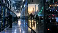 Data center dédié à l’intelligence artificielle avec serveurs GPU et univers financier illustrant l’IPO de Nscale, sa croissance rapide, ses lourdes pertes et sa valorisation potentielle de 30 milliards de dollars.