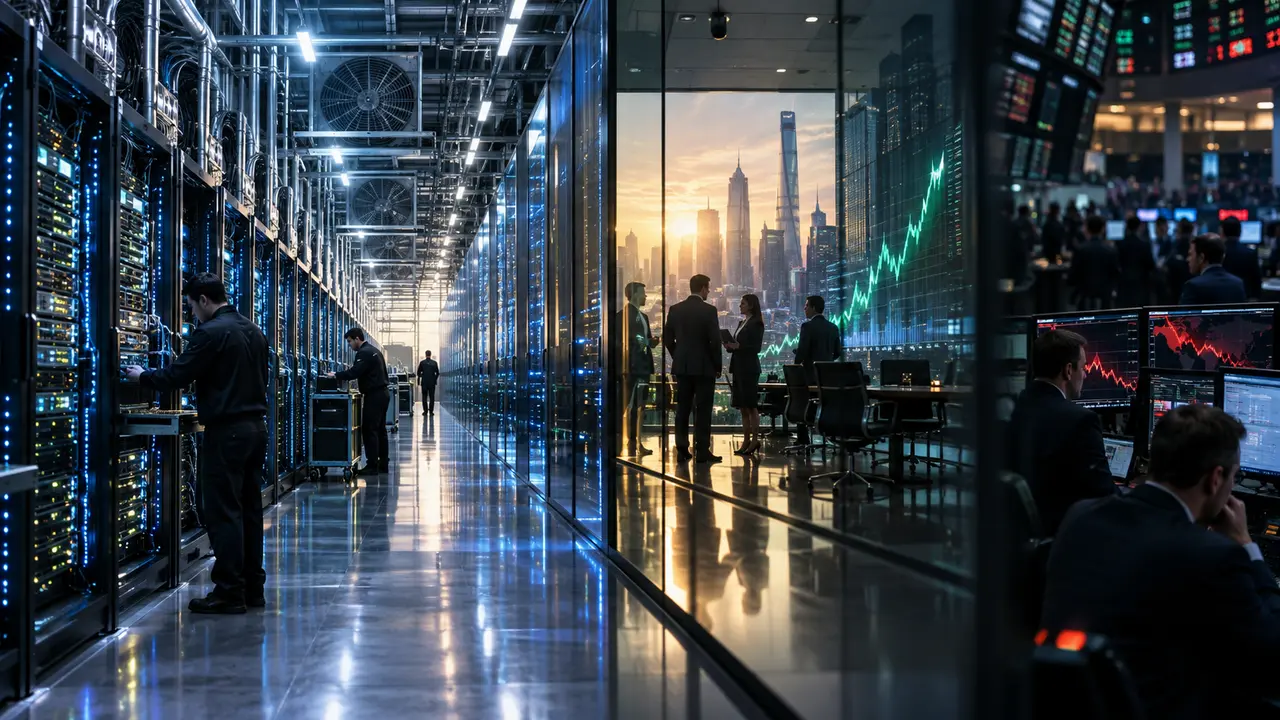 Data center dédié à l’intelligence artificielle avec serveurs GPU et univers financier illustrant l’IPO de Nscale, sa croissance rapide, ses lourdes pertes et sa valorisation potentielle de 30 milliards de dollars.