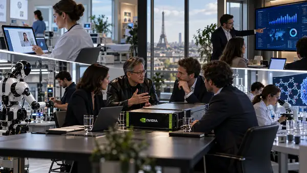 Illustration réaliste de Nvidia investissant dans quatre entreprises françaises de l’intelligence artificielle, avec des univers représentant Doctolib dans la santé numérique, Pigment dans les logiciels d’entreprise, Genesis AI dans la robotique et Entalpic dans la recherche scientifique et les nouveaux matériaux.