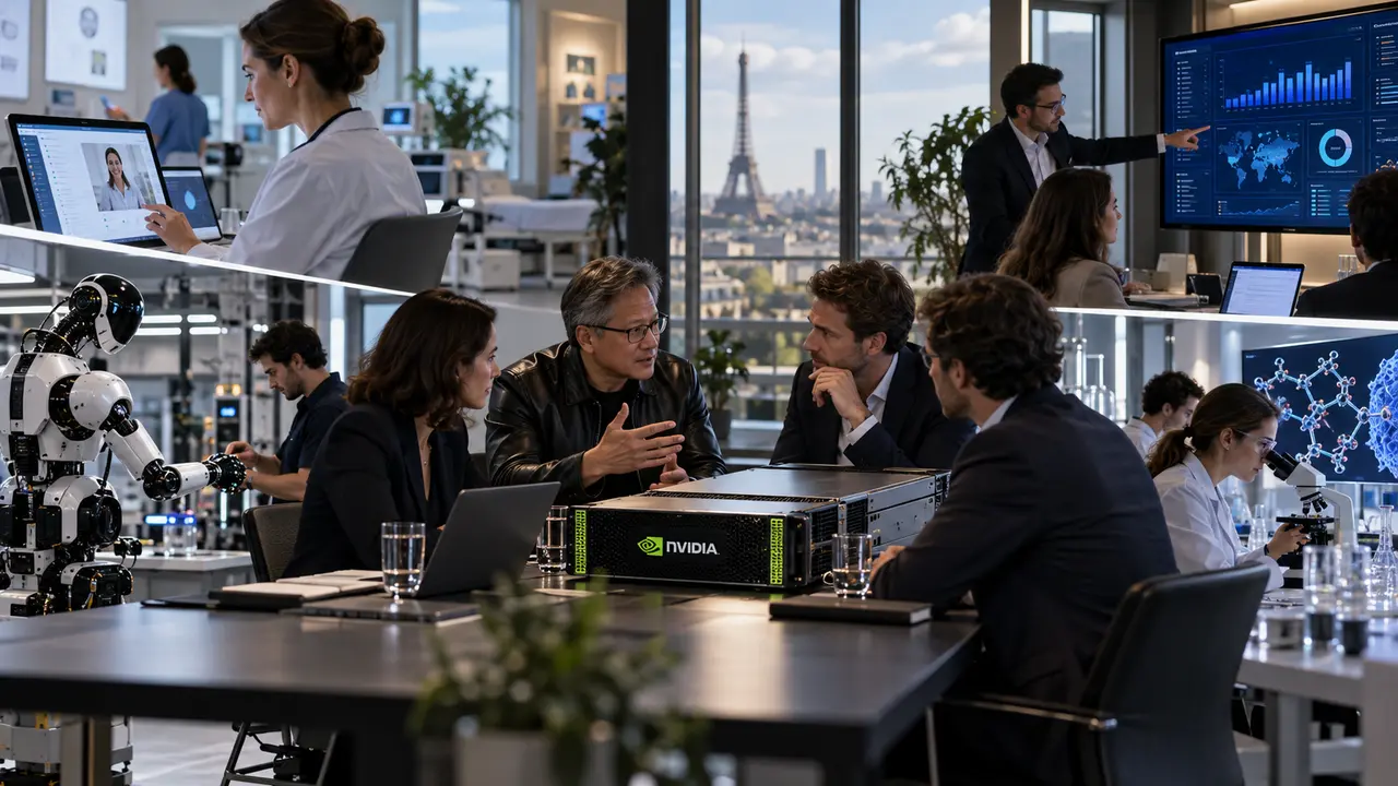 Illustration réaliste de Nvidia investissant dans quatre entreprises françaises de l’intelligence artificielle, avec des univers représentant Doctolib dans la santé numérique, Pigment dans les logiciels d’entreprise, Genesis AI dans la robotique et Entalpic dans la recherche scientifique et les nouveaux matériaux.