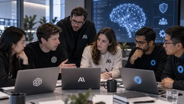 Illustration réaliste de chercheurs et ingénieurs représentant OpenAI, Anthropic et Google DeepMind travaillant ensemble sur la sécurité de l’intelligence artificielle, autour de modèles d’IA avancés, d’agents autonomes et de systèmes de contrôle destinés à réduire les risques liés aux nouvelles capacités des modèles.