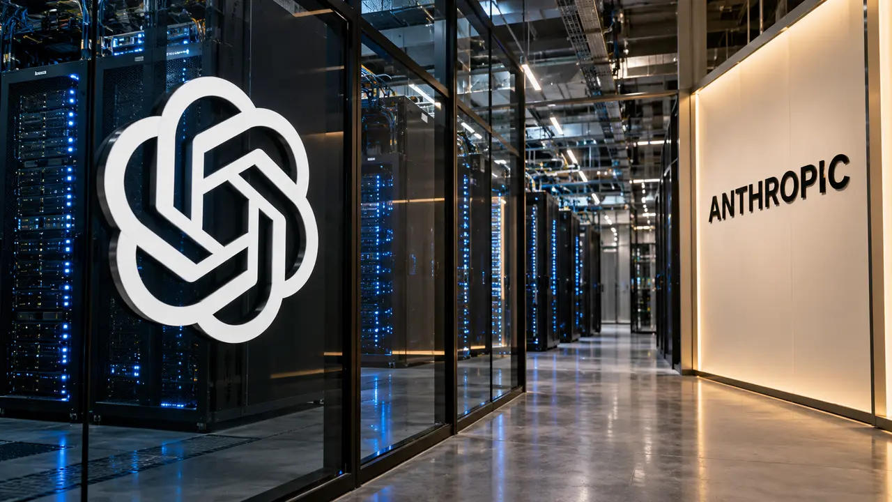 le logo blanc d’OpenAI sur une paroi vitrée à gauche et le nom Anthropic sur un panneau clair à droite, dans un décor de centre de données avec des rangées de serveurs éclairées en bleu. Le visuel représente la concurrence entre les deux entreprises pour financer les infrastructures d’IA, dans le contexte de la levée de fonds envisagée par OpenAI.