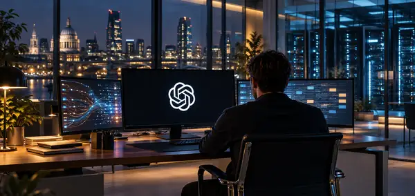 Dans un bureau vitré à la tombée de la nuit, un professionnel observe trois écrans d’ordinateur. Le logo OpenAI apparaît sur l’écran central, tandis que des flux de travail abstraits figurent sur les écrans voisins et que des serveurs sont visibles en arrière-plan. Visuel illustrant l’annonce des agents IA Dots et leur fonctionnement dans le cloud.