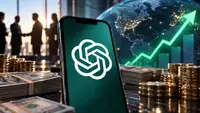 Smartphone affichant le logo OpenAI entouré de dollars et de pièces, avec une courbe financière en hausse en arrière-plan, illustrant la nouvelle levée de fonds envisagée par le créateur de ChatGPT et une valorisation potentielle pouvant atteindre 1 500 milliards de dollars.
