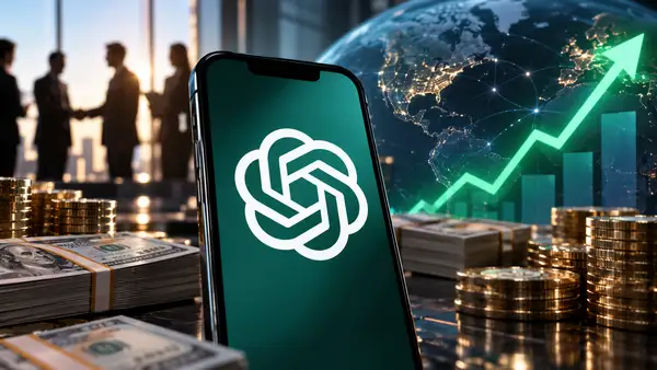 Smartphone affichant le logo OpenAI entouré de dollars et de pièces, avec une courbe financière en hausse en arrière-plan, illustrant la nouvelle levée de fonds envisagée par le créateur de ChatGPT et une valorisation potentielle pouvant atteindre 1 500 milliards de dollars.