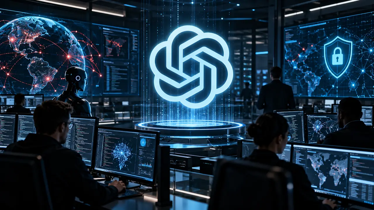 Illustration de GPT-6 Cyber avec le logo ChatGPT au centre d’un centre de cybersécurité, entouré d’analystes, d’écrans de surveillance réseau et de systèmes de défense numérique, pour illustrer le futur modèle spécialisé qu’OpenAI préparerait pour la cyberdéfense et les agents IA.