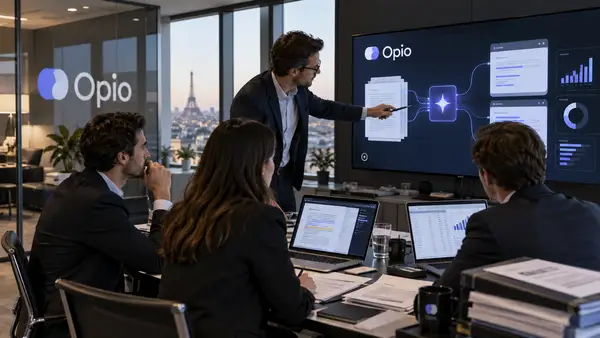 Équipe financière utilisant la plateforme d’intelligence artificielle Opio pour analyser des documents, comptes et données dans le cadre d’une due diligence financière et d’une opération de fusion-acquisition.