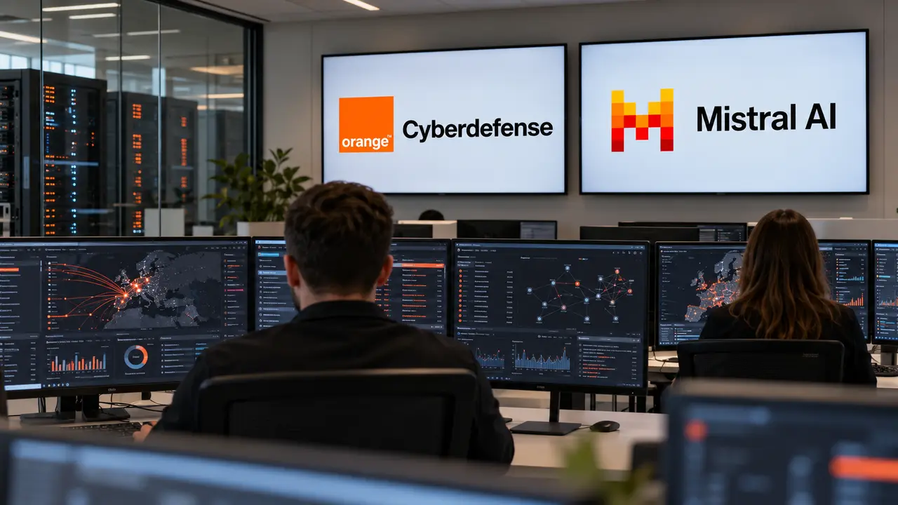 Illustration réaliste d’un centre de cybersécurité avec deux analystes devant des écrans de surveillance réseau, sous les logos Orange Cyberdefense et Mistral AI, représentant leur partenariat pour les audits et l’analyse des cyberattaques.