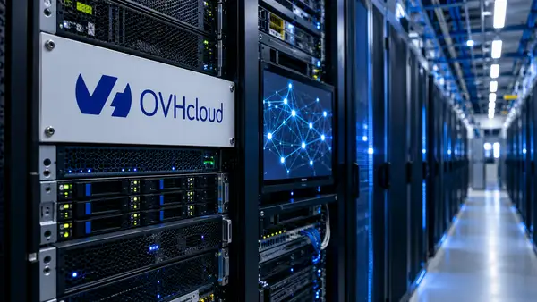 Illustration de la stratégie d’OVHcloud dans l’intelligence artificielle : au premier plan, une baie de serveurs porte une plaque avec le logo OVHcloud, à côté d’un écran affichant un réseau de points lumineux interconnectés. Une allée de racks informatiques éclairés en bleu et blanc s’étend en arrière-plan, évoquant les infrastructures cloud nécessaires au développement et à l’exécution de services d’IA.
