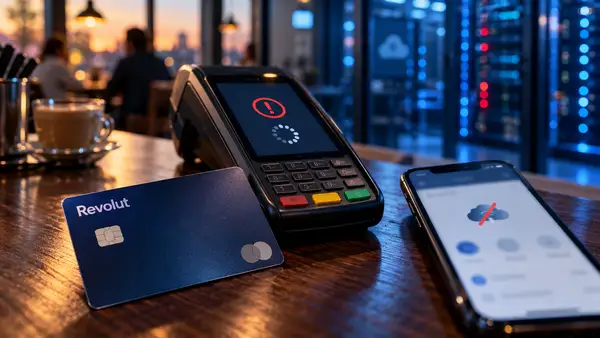 Illustration de la panne Revolut : une carte bancaire bleu nuit au premier plan, un terminal de paiement affichant un symbole d’alerte rouge et un smartphone présentant un nuage barré. Des baies de serveurs éclairées en bleu apparaissent en arrière-plan, évoquant l’incident Google Cloud et les perturbations des services bancaires numériques.