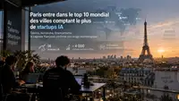 Vue de Paris et de la tour Eiffel illustrant l’essor de l’écosystème des startups d’intelligence artificielle et le positionnement de la capitale parmi les principaux hubs IA mondiaux.