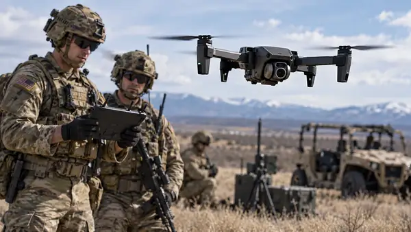 Drone tactique de reconnaissance inspiré du Parrot ANAFI UKR en vol lors d’un exercice de l’US Army, avec des militaires américains utilisant un terminal de contrôle sur un terrain opérationnel, pour illustrer les près de 2 millions de dollars de commandes enregistrées par Parrot et sa progression dans le programme Short Range Reconnaissance en 2026.