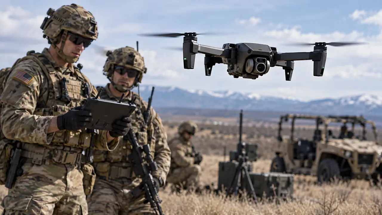 Drone tactique de reconnaissance inspiré du Parrot ANAFI UKR en vol lors d’un exercice de l’US Army, avec des militaires américains utilisant un terminal de contrôle sur un terrain opérationnel, pour illustrer les près de 2 millions de dollars de commandes enregistrées par Parrot et sa progression dans le programme Short Range Reconnaissance en 2026.