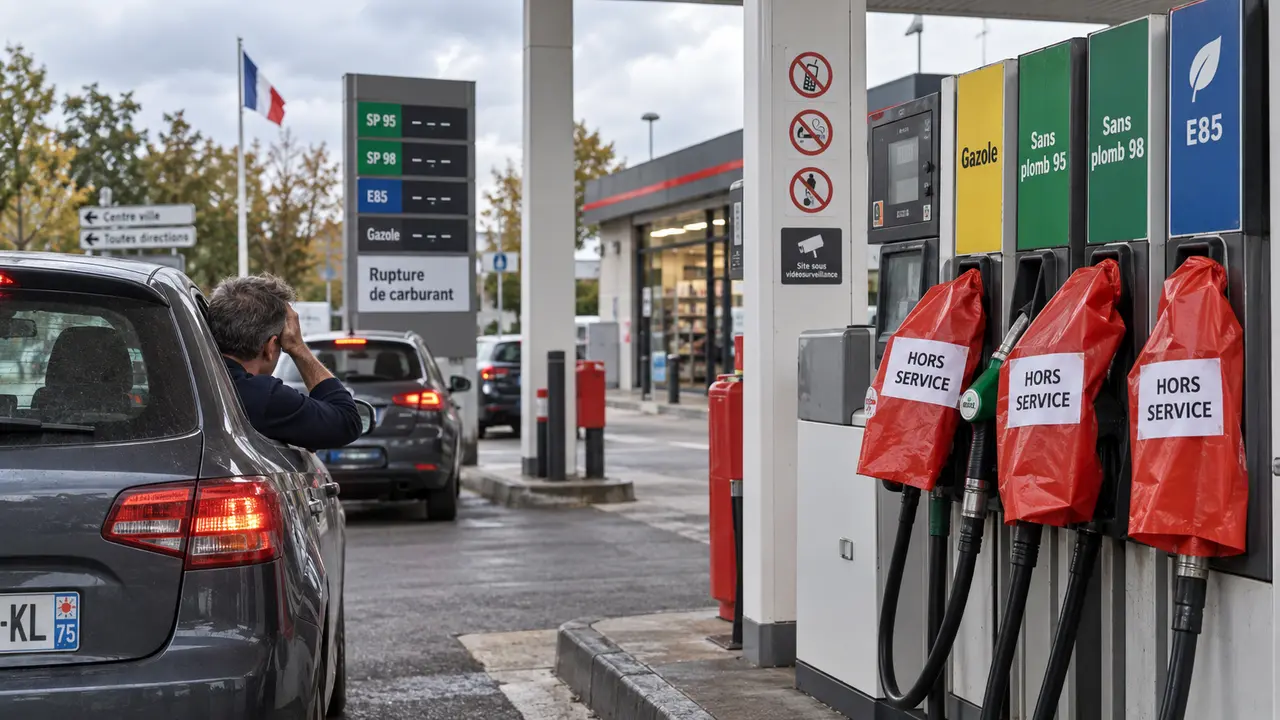 Station-service en France touchée par une pénurie de carburant, avec plusieurs pompes à essence et diesel signalées hors service, des automobilistes en attente et une file de véhicules devant les distributeurs.